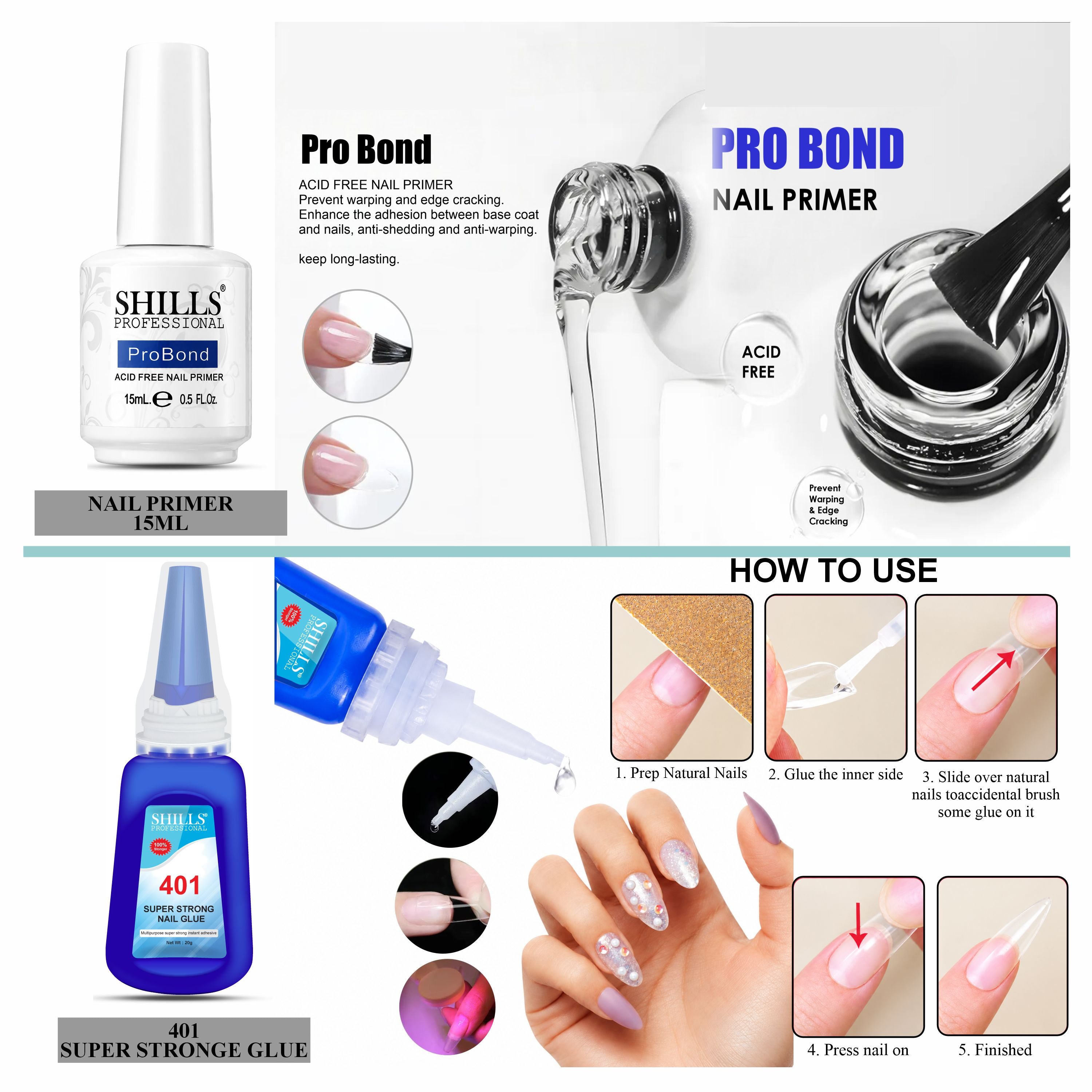 Nail Prep Kit with Dehydrator Primer Cuticle Oil & 401 Glue