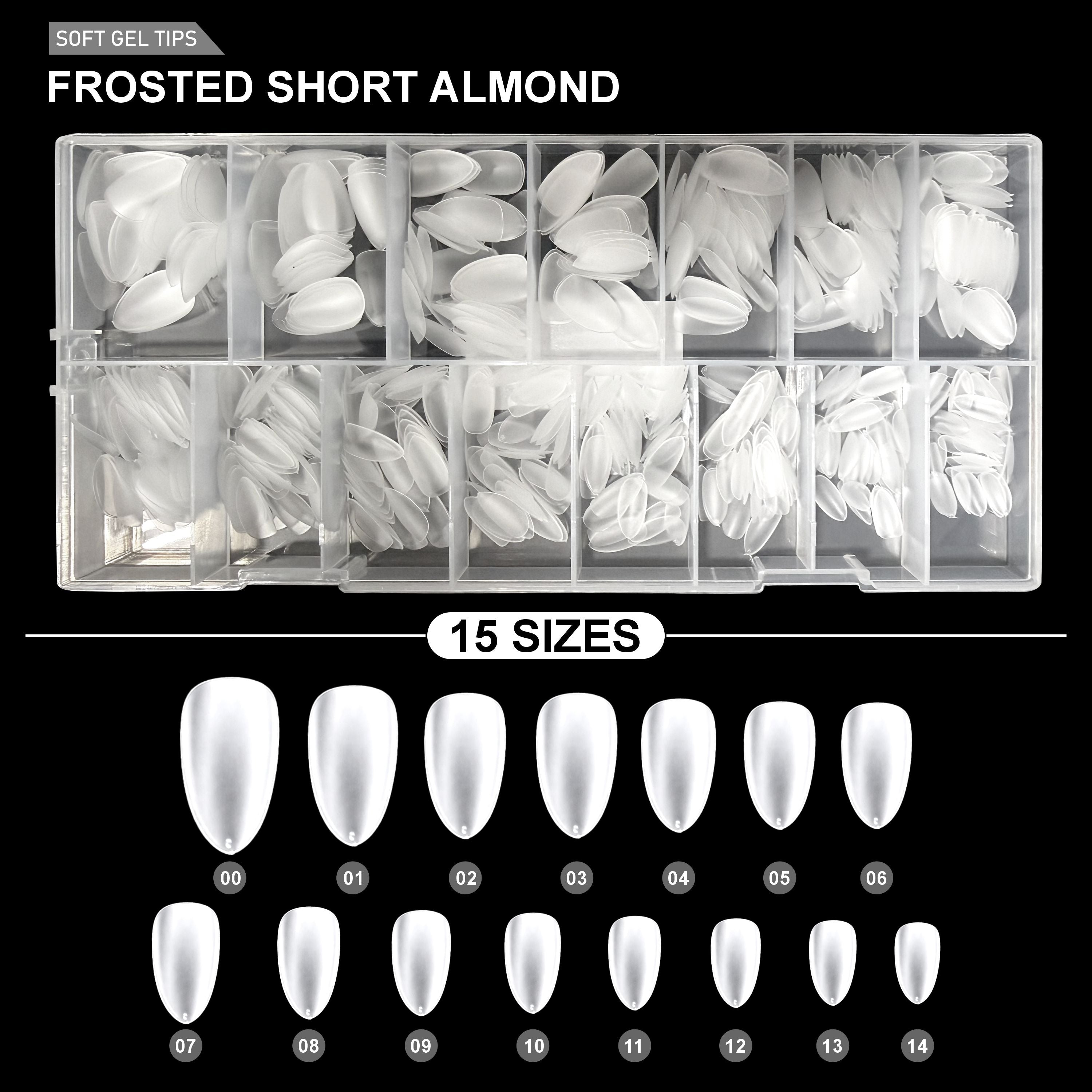 Frosted Short Almond Soft Gel Tips – 600pcs 15 sizes PT32 Clear