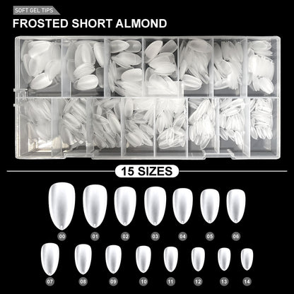 Frosted Short Almond Soft Gel Tips – 600pcs 15 sizes PT32 Clear