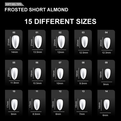 Frosted Short Almond Soft Gel Tips – 600pcs 15 sizes PT32 Clear