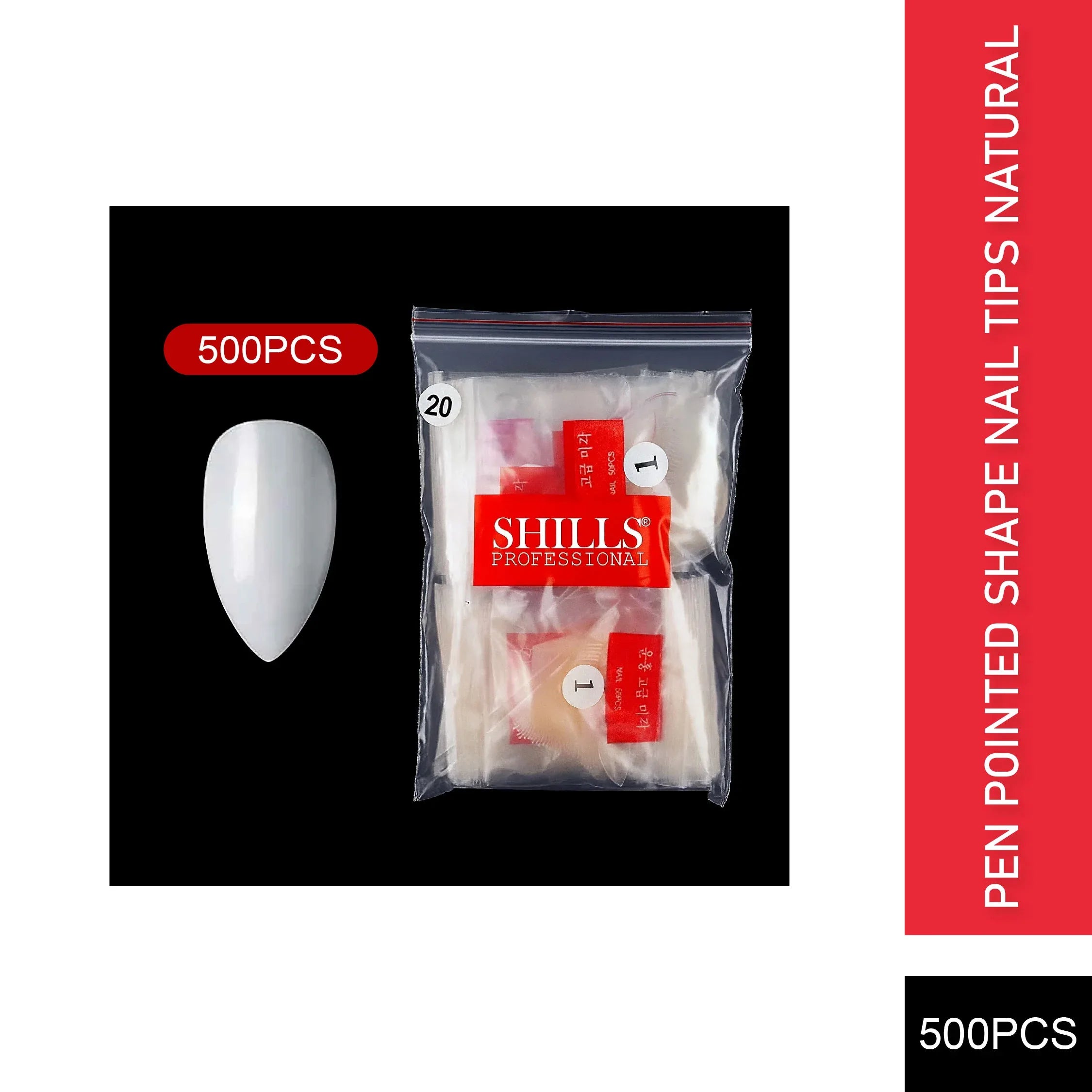 PKT 500pcs Pen Pointed Shape Nail Tips Natural - Shills Professional