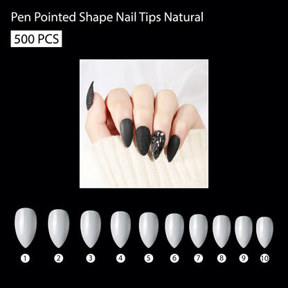 PKT 500pcs Pen Pointed Shape Nail Tips Natural - Shills Professional