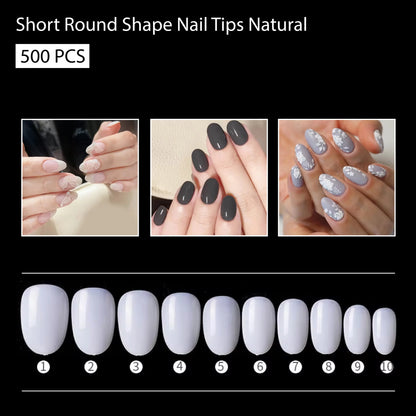 PKT 500pcs Short Round Shape Nail Tips Natural - Shills Professional