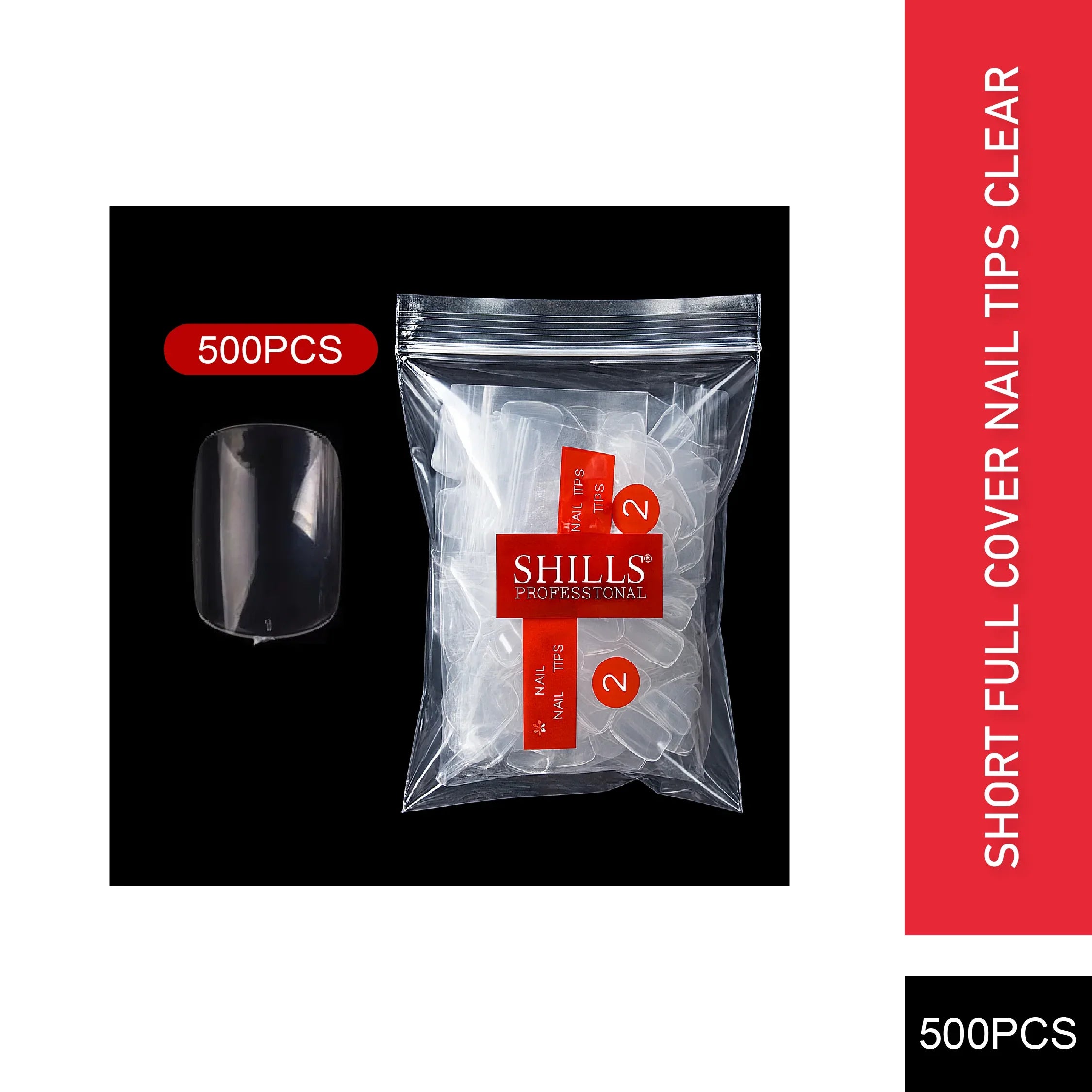 PKT 500pcs Short Full Cover Nail Tips Clear - Shills Professional