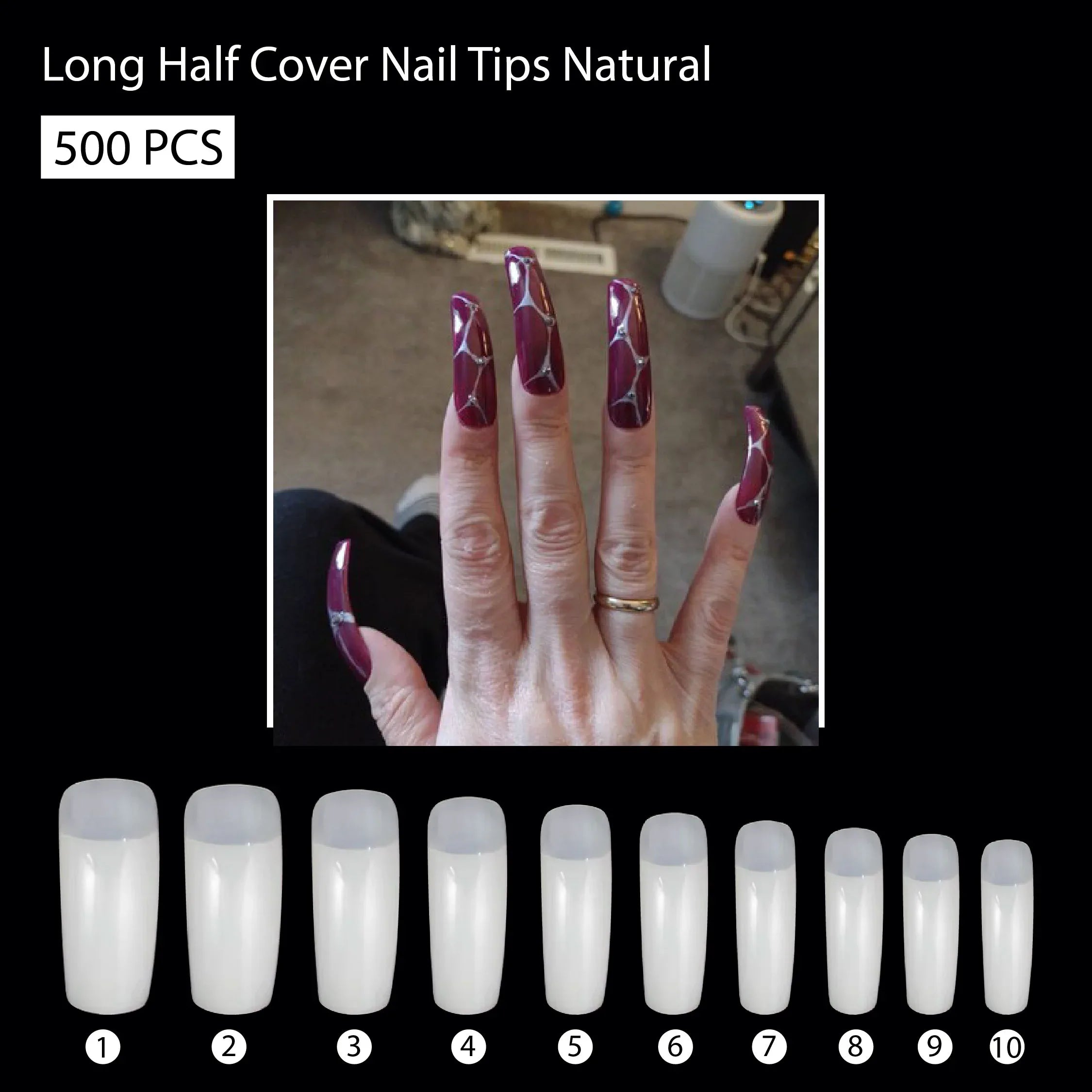 PKT 500pcs Long Half Cover Nail Tips Natural - Shills Professional